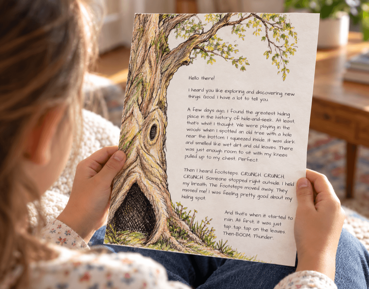 A child reading Letter 1, illustrated with a hollow tree