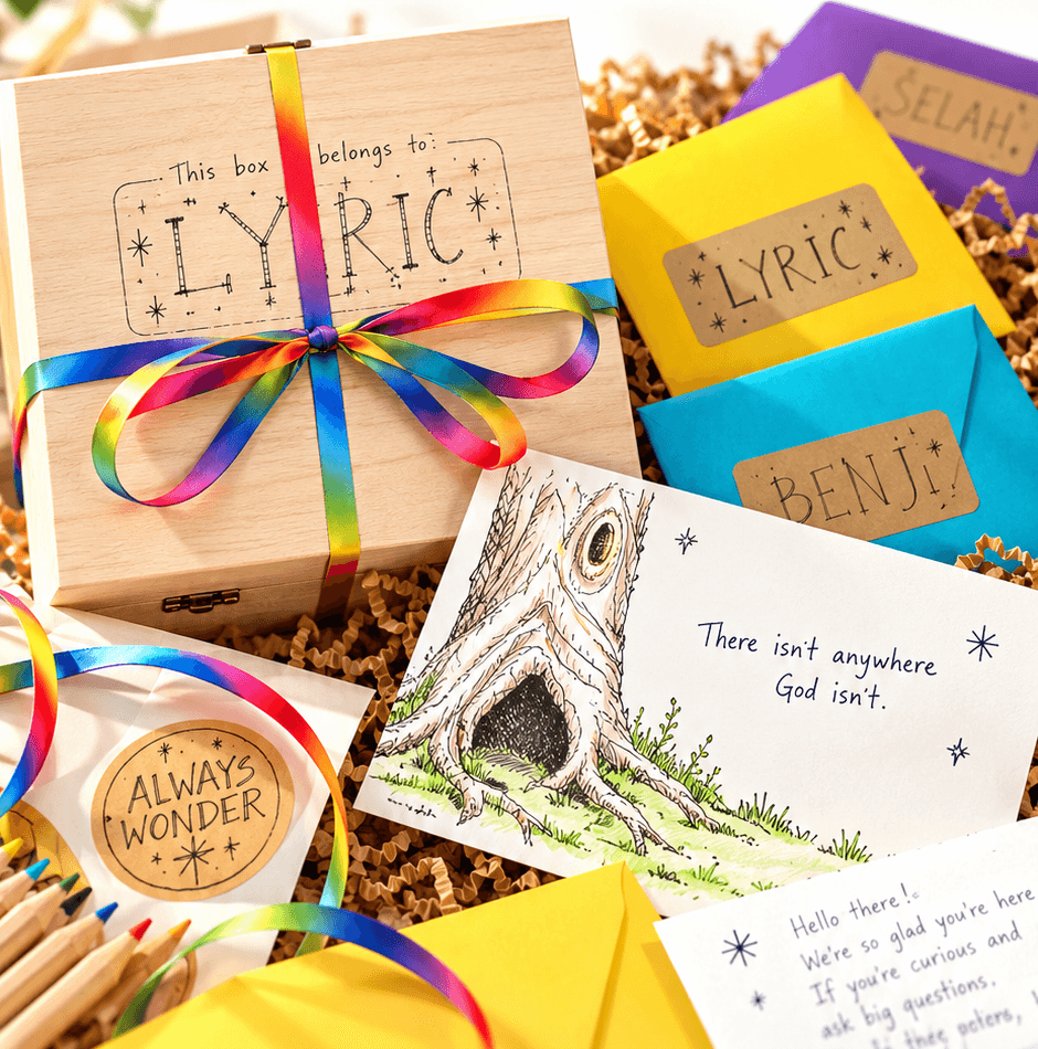 A wooden welcome box with a rainbow ribbon and the name Lyric, next to colored envelopes and Discovery Card number one